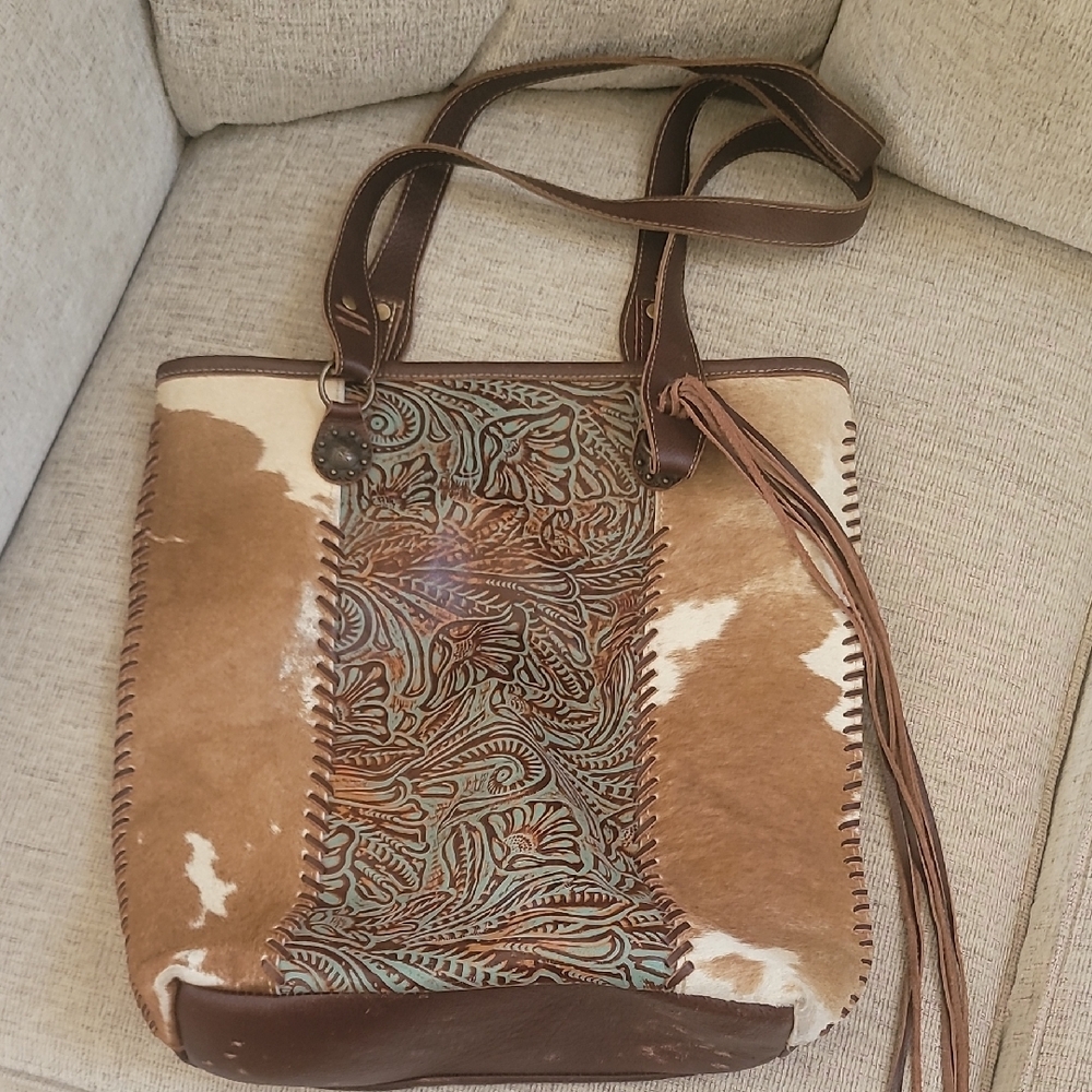 Brown and Cream Leather Tote Bag